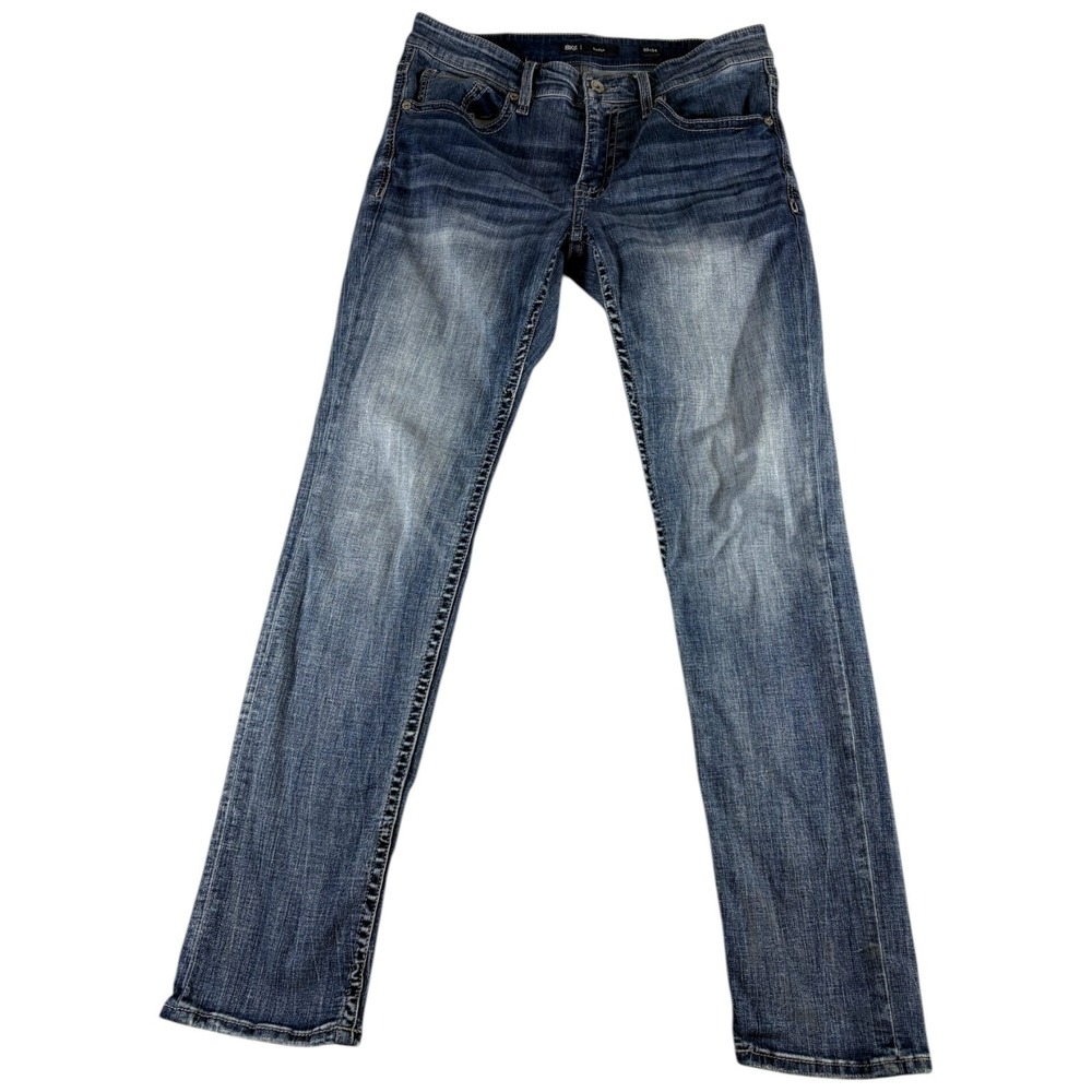 Buckle BKE Mason Straight Jeans Mens 33x34 Blue Denim Cotton Stretch Whiskered